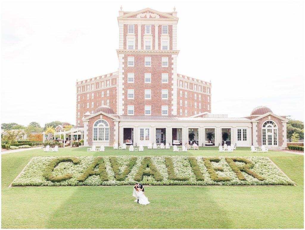 Virginia beach wedding couple at the cavalier hotel summer green drone photography