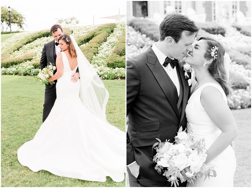 questions to ask virginia beach wedding bride and groom formal wear in front of green and white flowers at the cavalier hotel 