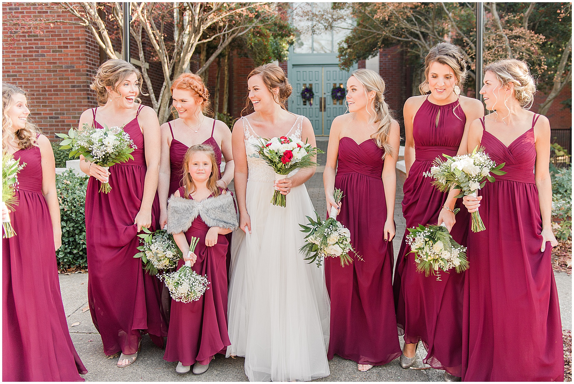 norfolk wedding photographers bridal party maroon dresses
