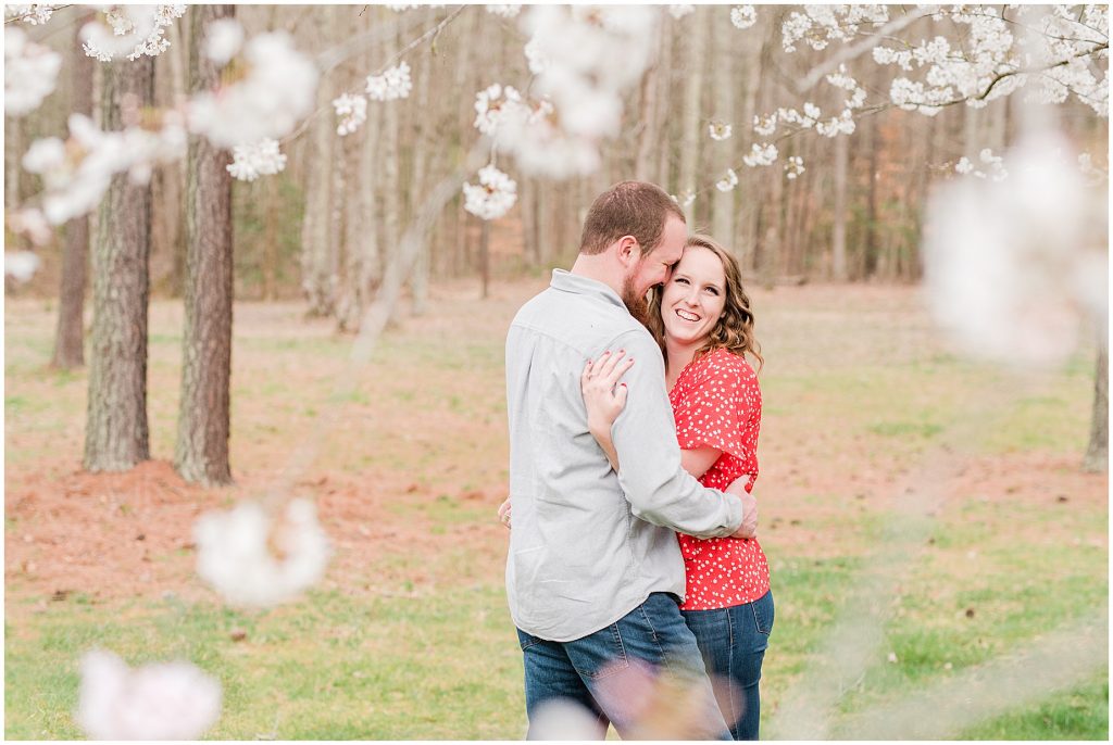 Wisteria Farms Richmond Spring Engagement Session cherry blossom white