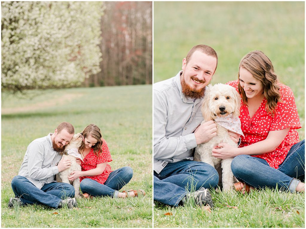 Richmond Spring Engagement Session hugging cute dog at Wisteria Farms