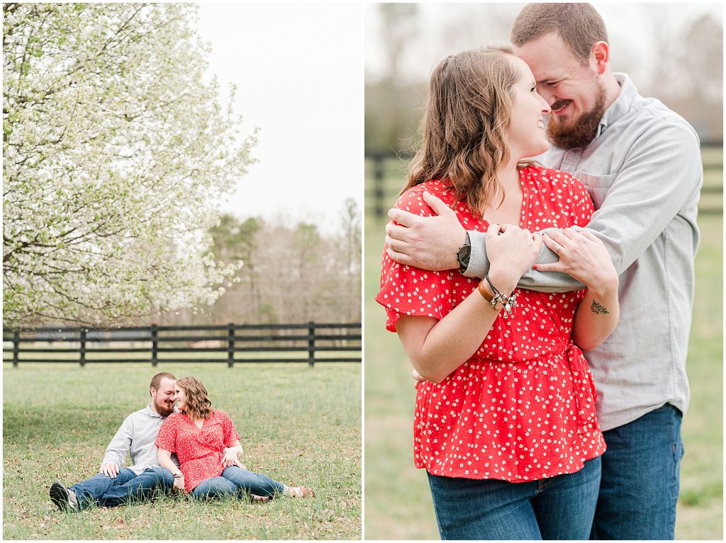 Richmond Spring Engagement Session sitting in field at Wisteria Farms