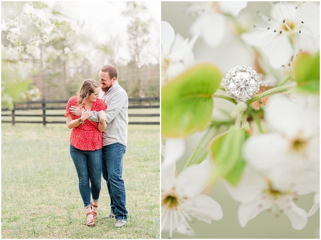 Richmond Spring Engagement Session ring and flower detail at Wisteria Farms