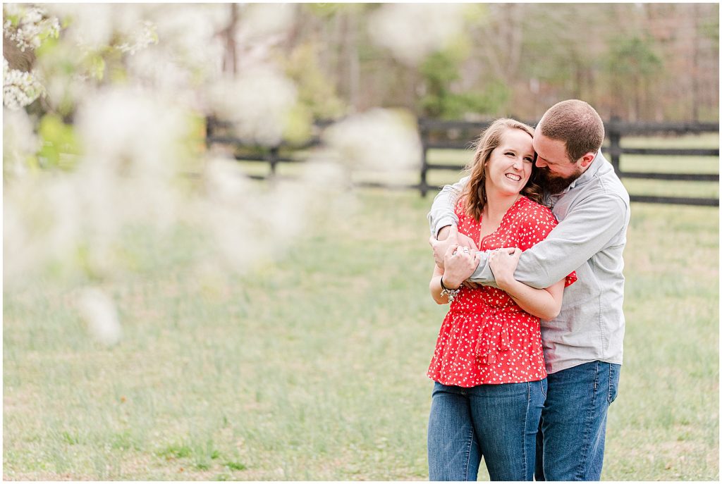 Richmond Spring Engagement Session at Wisteria Farms red shirt