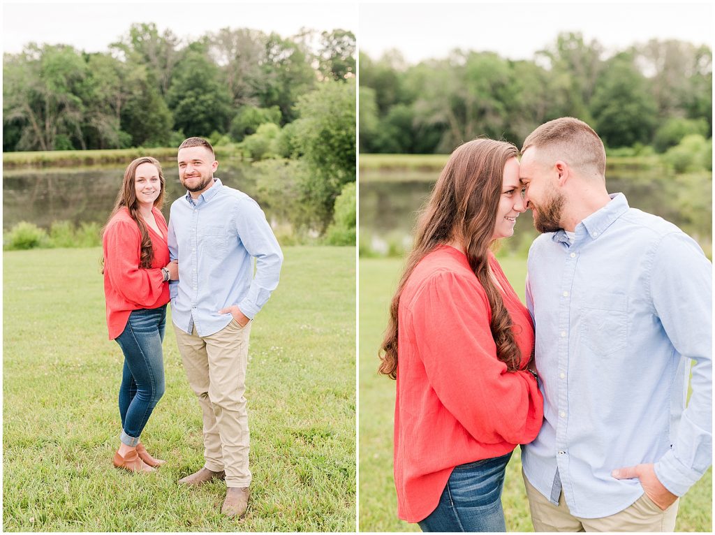 engagement sessions with couple at edgewood barn in front of lake on grass