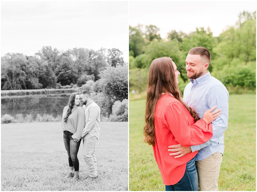 engagement sessions with couple at edgewood barn in front of lake