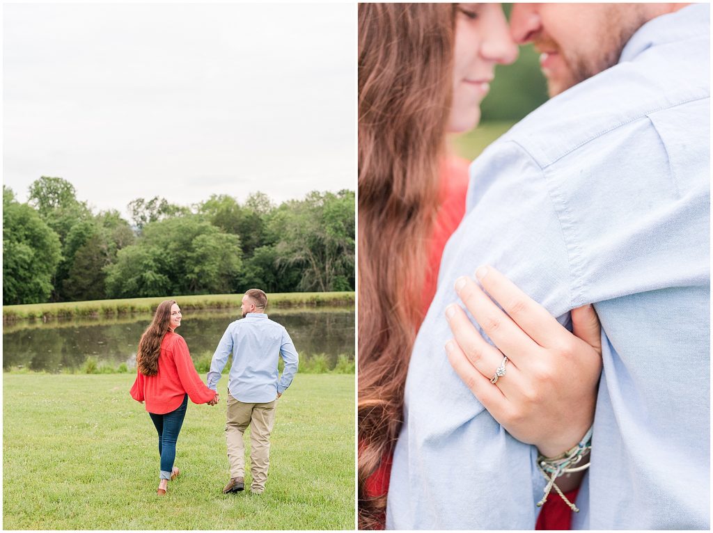 engagement session couple at edgewood barn walking in front of lake
