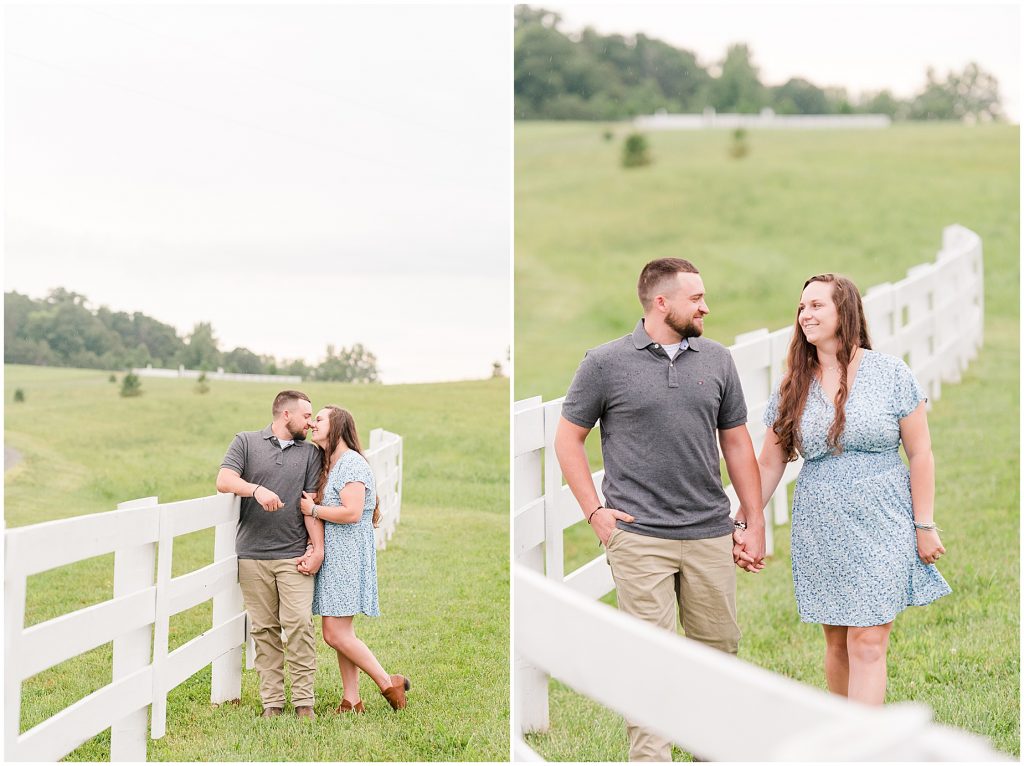 engagement session couple at barn at edgewood wedding venue at white fence