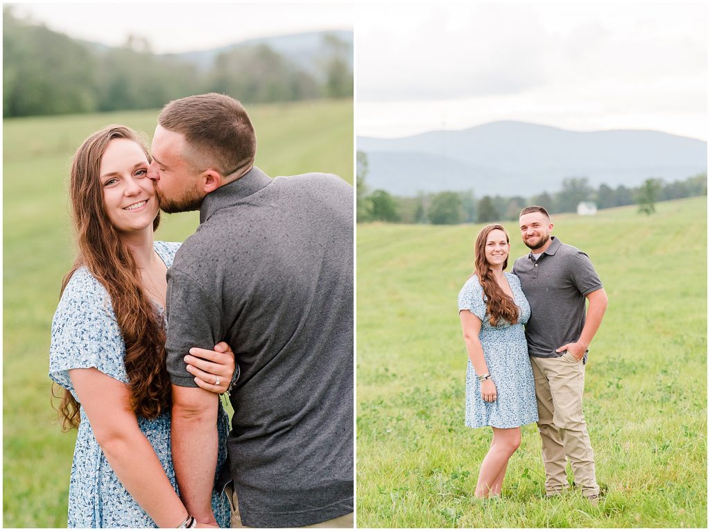 engagement session couple standing in field at venue with mountain view