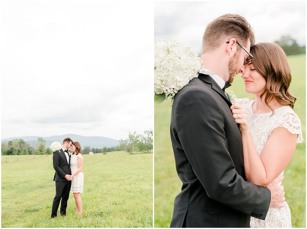 Bride and groom in love in an open field at the barn at edgewood after mini wedding