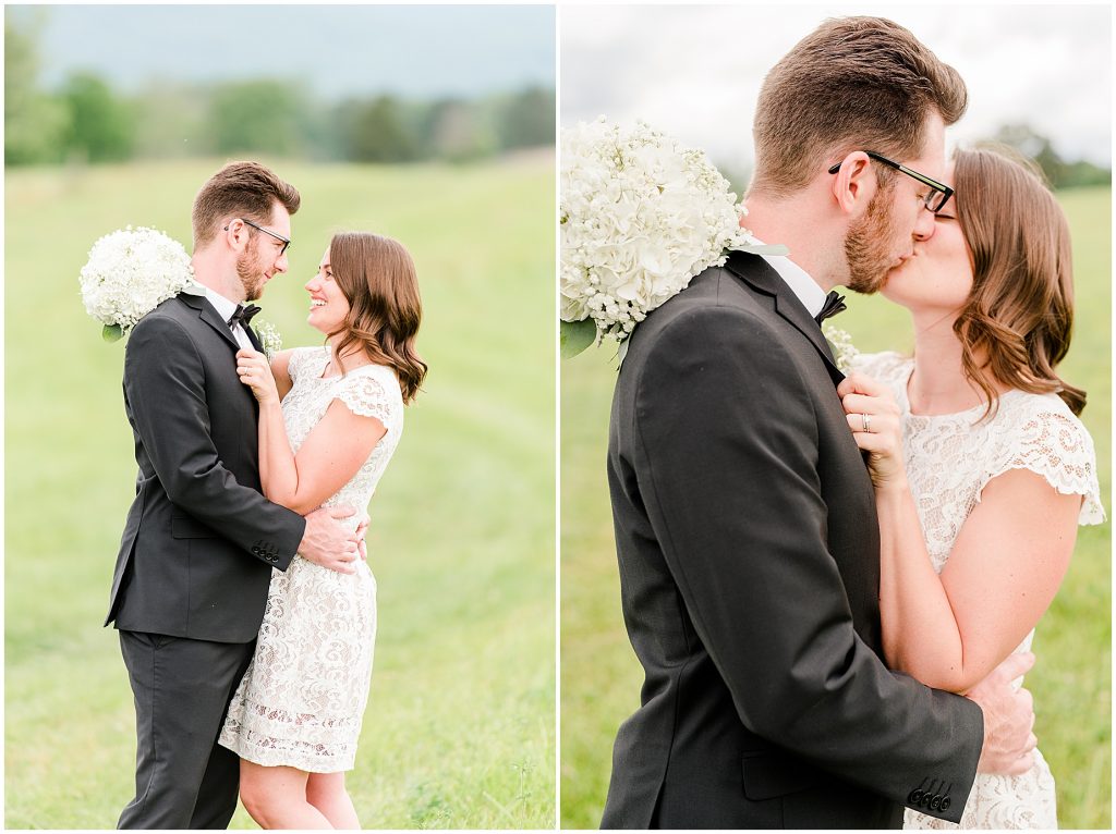 Couple kissing in open field at the barn at edgewood after mini wedding