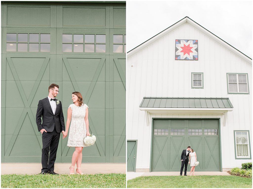 Bride and groom standing in front of barn doors at edgewood after mini wedding