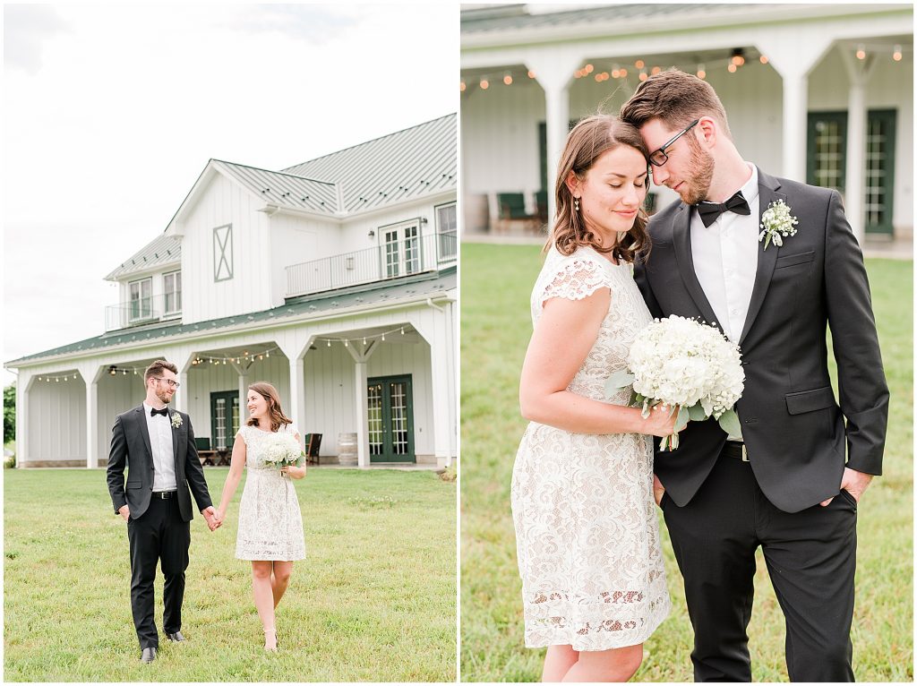 Bride and groom walking from barn at edgewood after coronavirus mini wedding