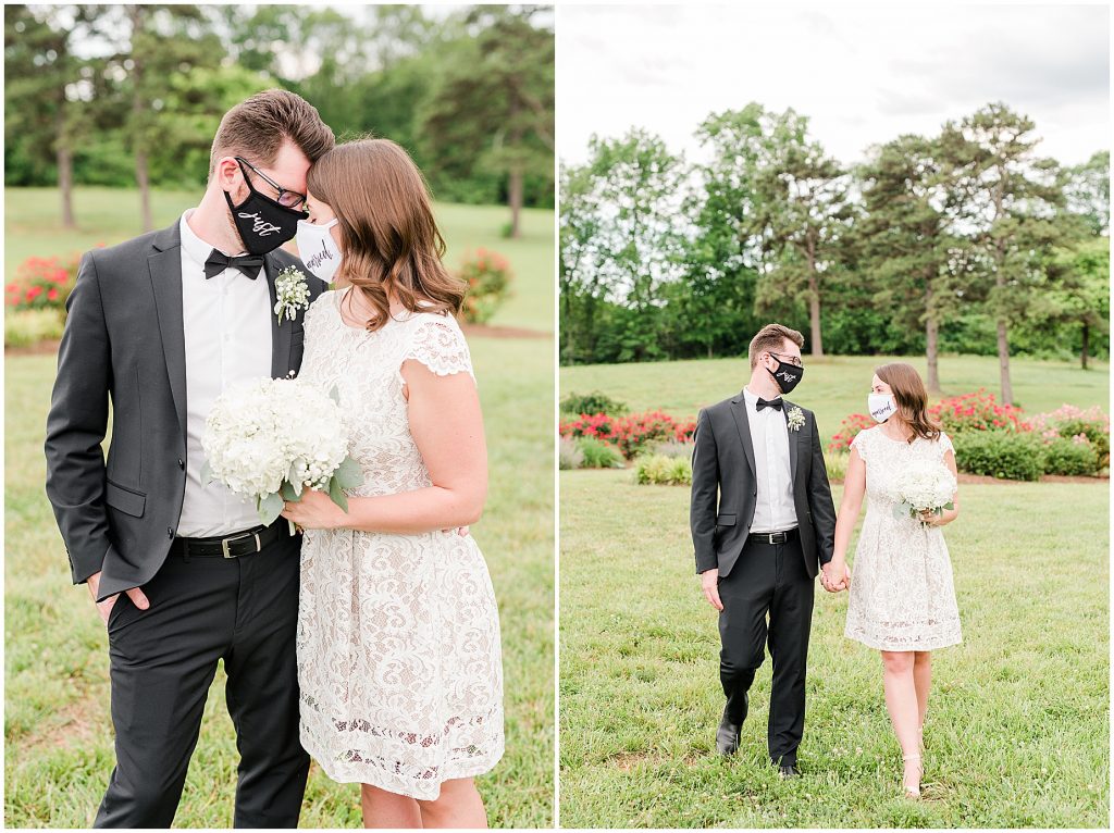 barn at edgewood coronavirus mini wedding couple with just married masks in field