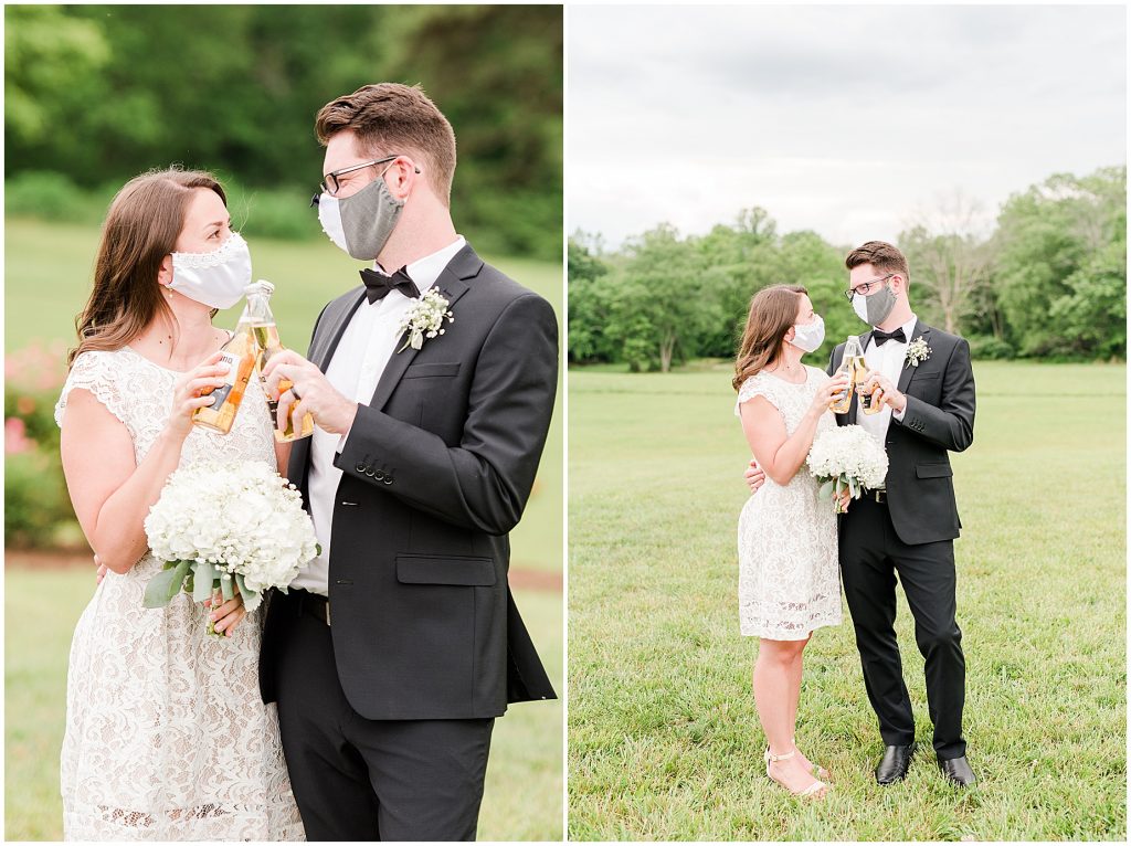 barn at edgewood coronavirus mini wedding bride and groom with masks and beer