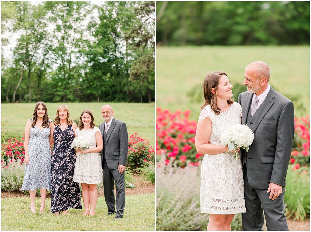 barn at edgewood coronavirus mini wedding family portraits in front of flowers