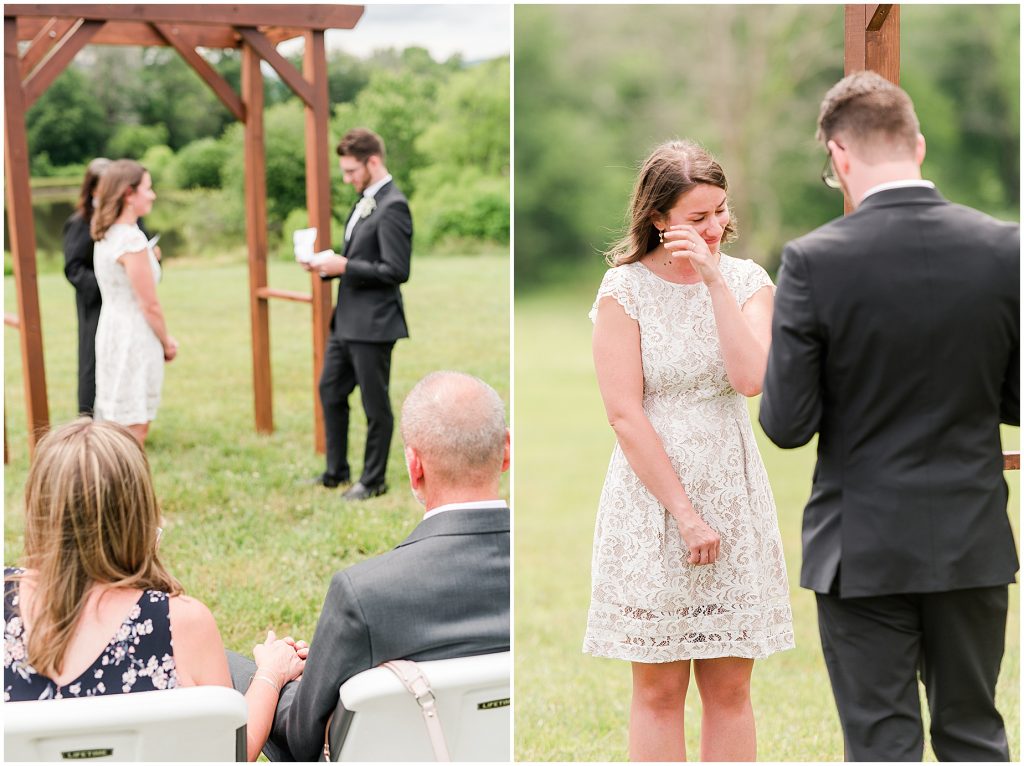 barn at edgewood coronavirus mini wedding bride crying while groom reads vows