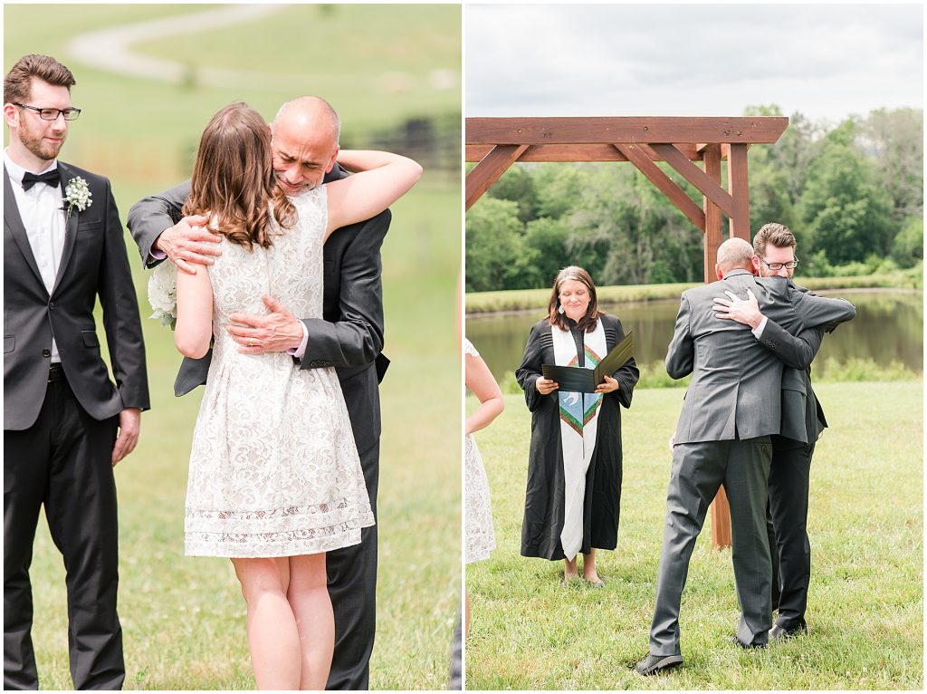 barn at edgewood summer mini wedding dad giving away bride to groom and hugging