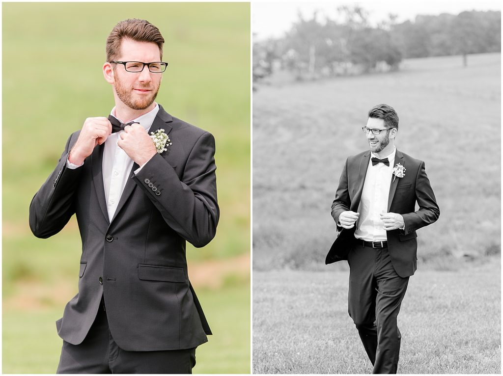 white barn at edgewood summer mini wedding groom in black suit adjusting tie