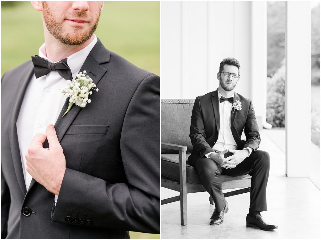 white barn at edgewood summer mini wedding groom in black suit getting ready