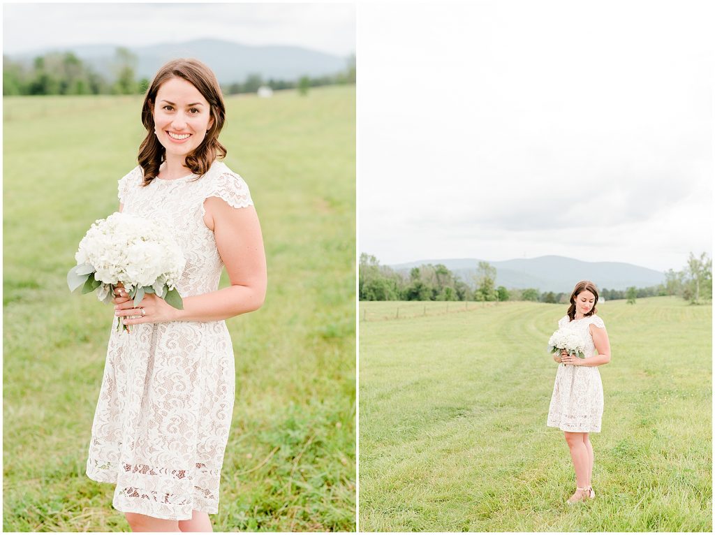 Bride standing in open field at the barn at edgewood after mini wedding