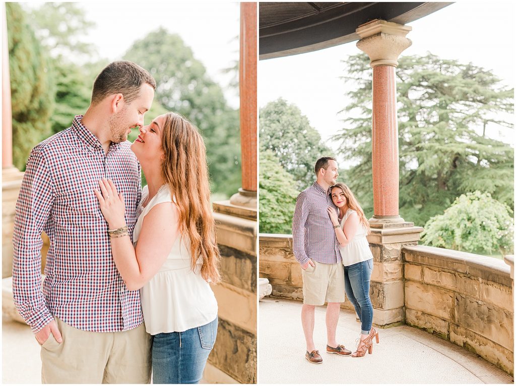 maymont park engagement couple standing under mansion porch 