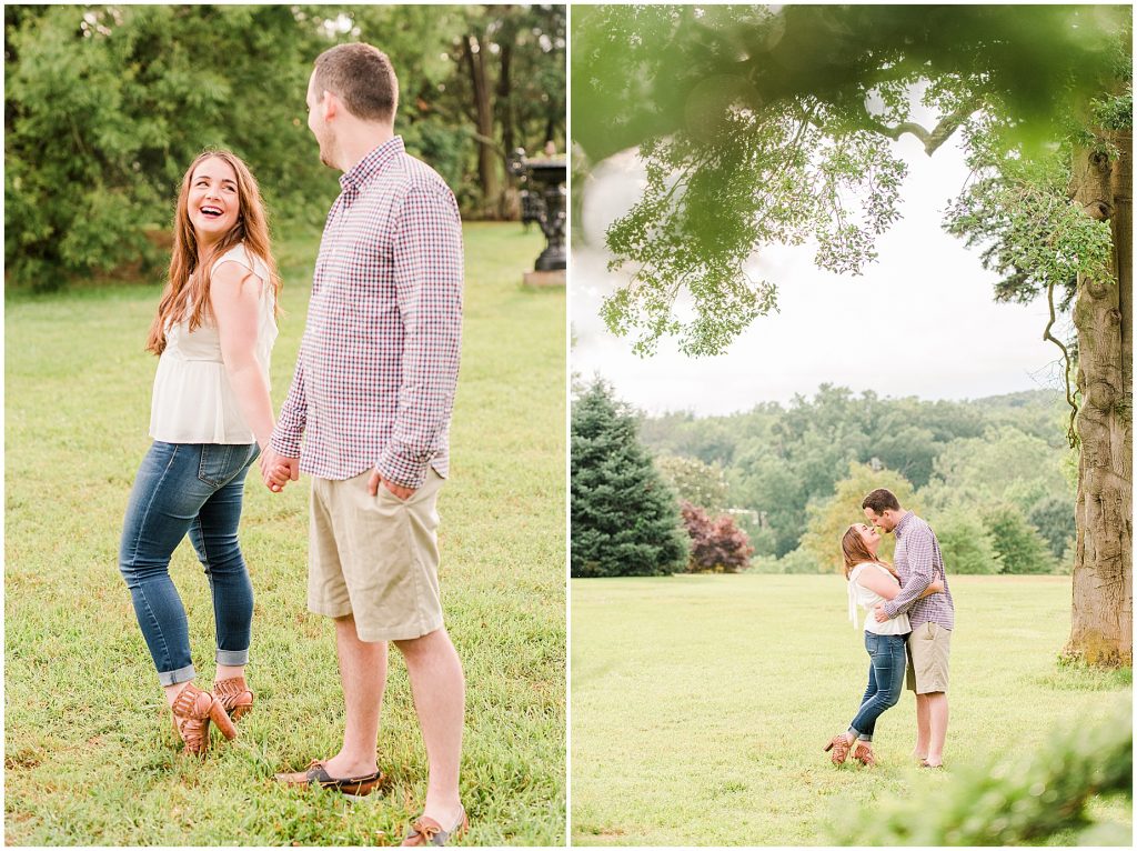 rainy maymont park engagement session couple standing under a tree