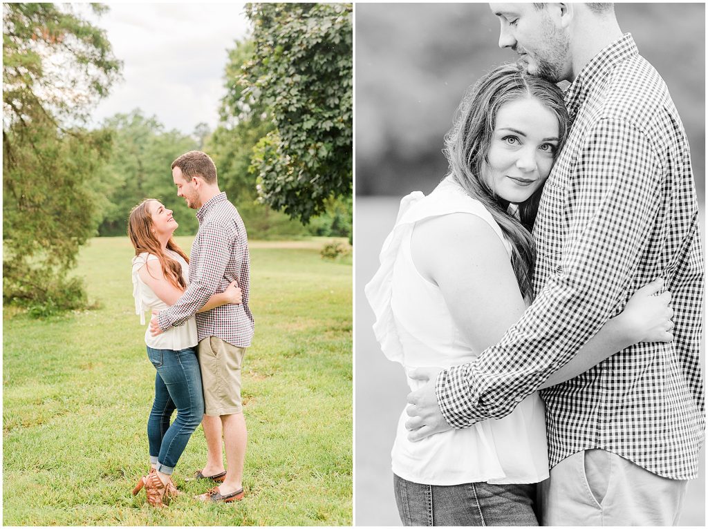 maymont park engagement session couple standing in field after raining