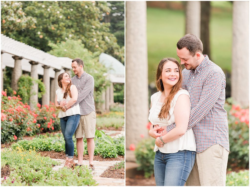 engagement session couple at maymont park standing in italian flower garden