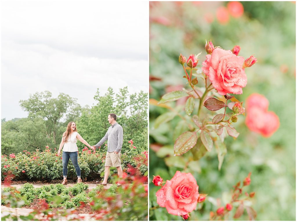 rainy engagement session couple at maymont park walking in italian flower garden
