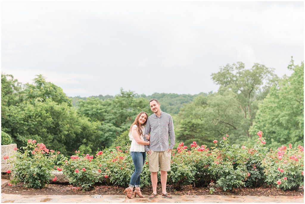rainy engagement session couple at maymont park in italian flower garden overlook