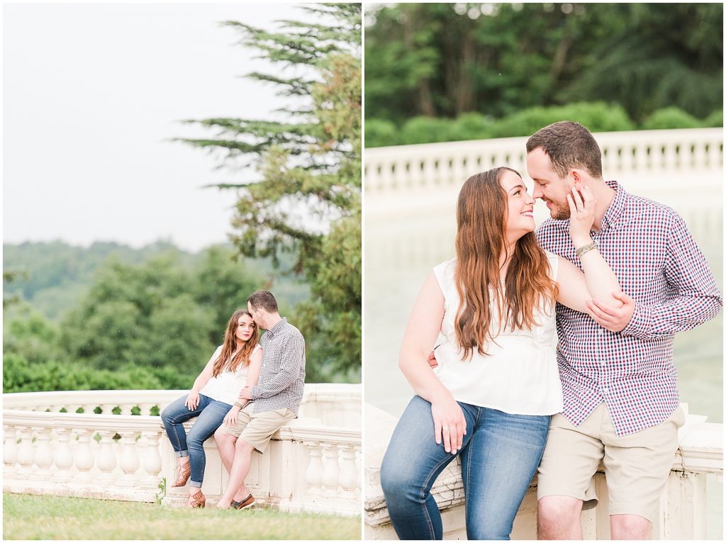 rainy engagement session couple at maymont park sitting at pearl fountain 