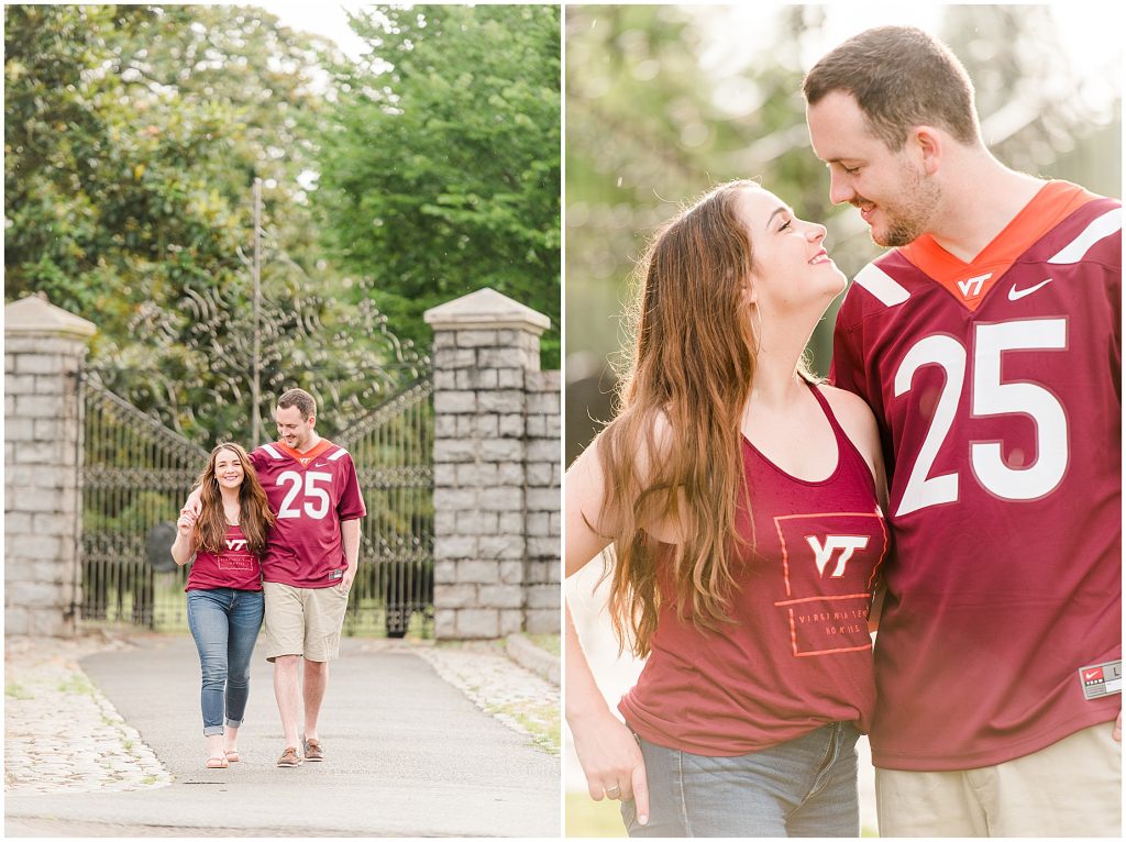 rainy engagement session couple walking at maymont park gate entrance in virginia tech gear