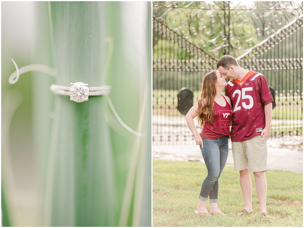engagement session couple at maymont park gate in virginia tech gear