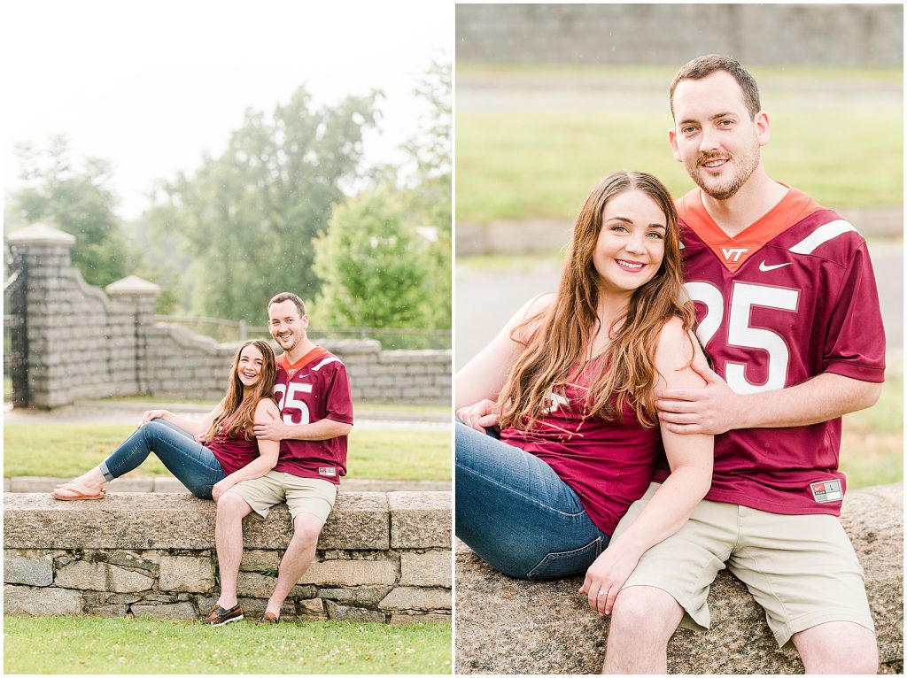 engagement session couple at maymont park gate in virginia tech gear