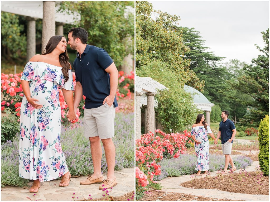 maymont park maternity husband and wife walking in flower garden in Richmond Virginia