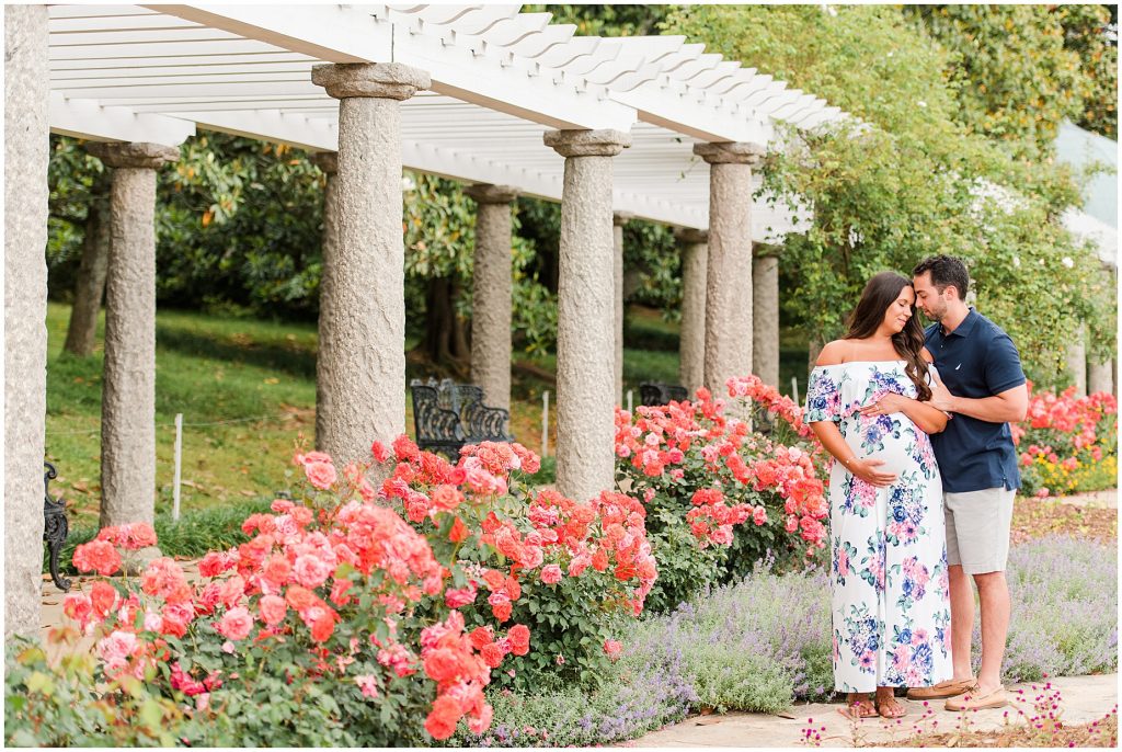 maymont maternity session couple wrapped up in each other near roses in Richmond Virginia