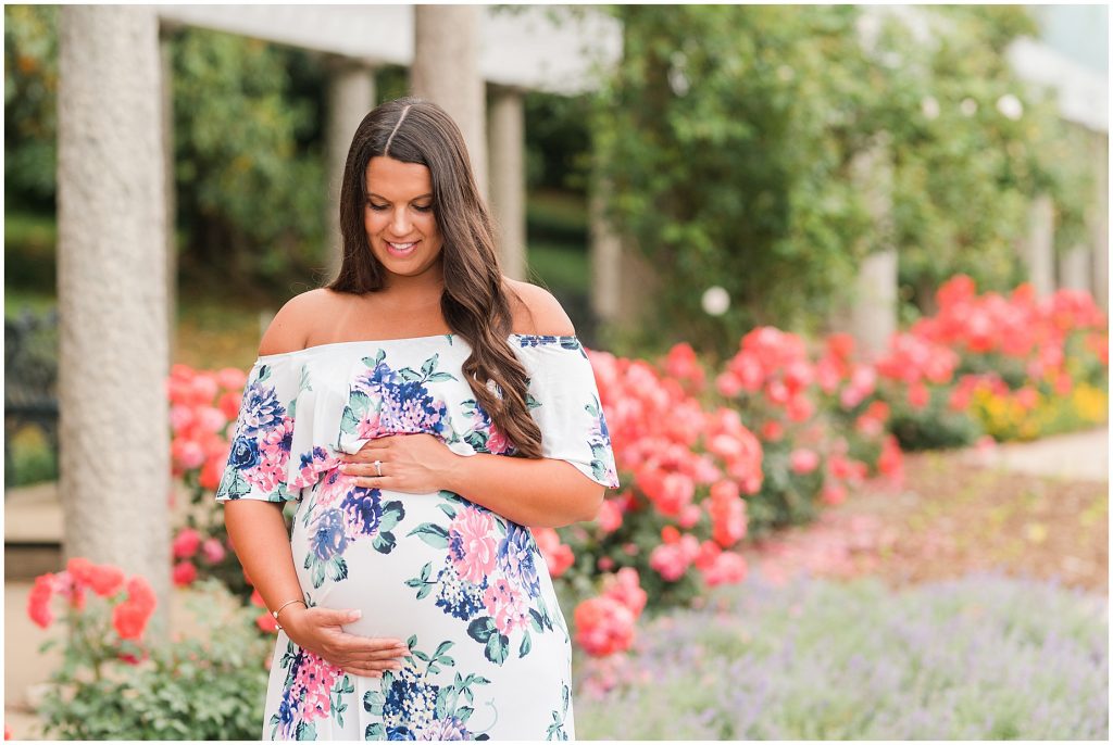 maymont pregnant mother with flowery dress and blooms in Richmond Virginia