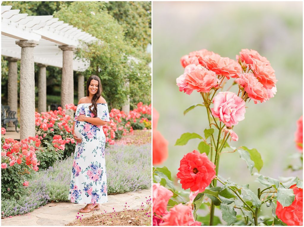 maymont park mother to be in white dress surrounded by flowers in Richmond Virginia