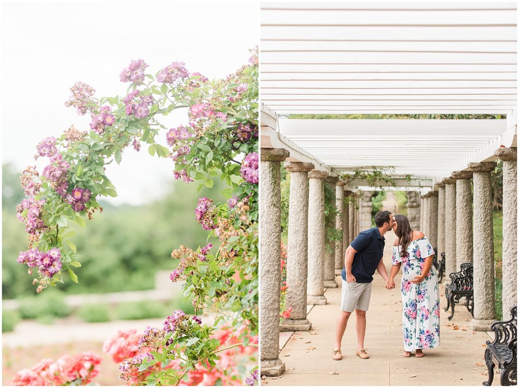 maymont park husband and wife standing between pillars near rose garden in Richmond Virginia