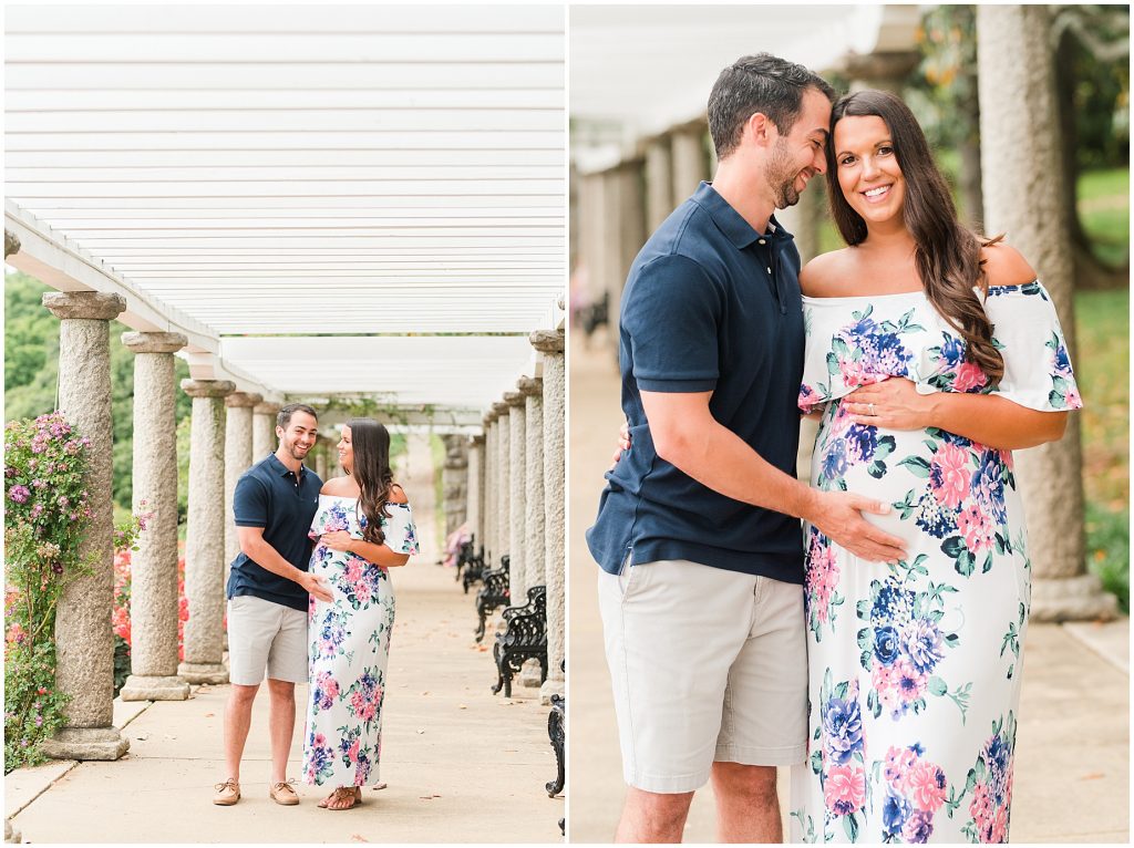 maymont park husband and pregnant wife over pergola in Richmond Virginia