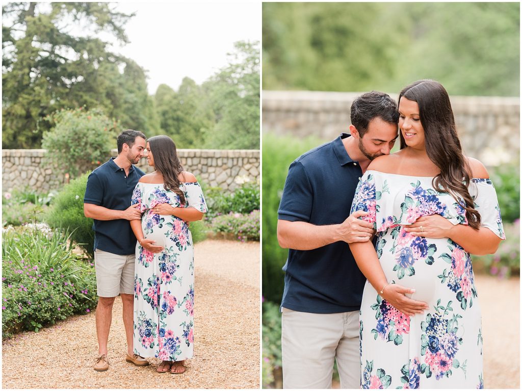 maymont park maternity couple near stone wall in Richmond Virginia