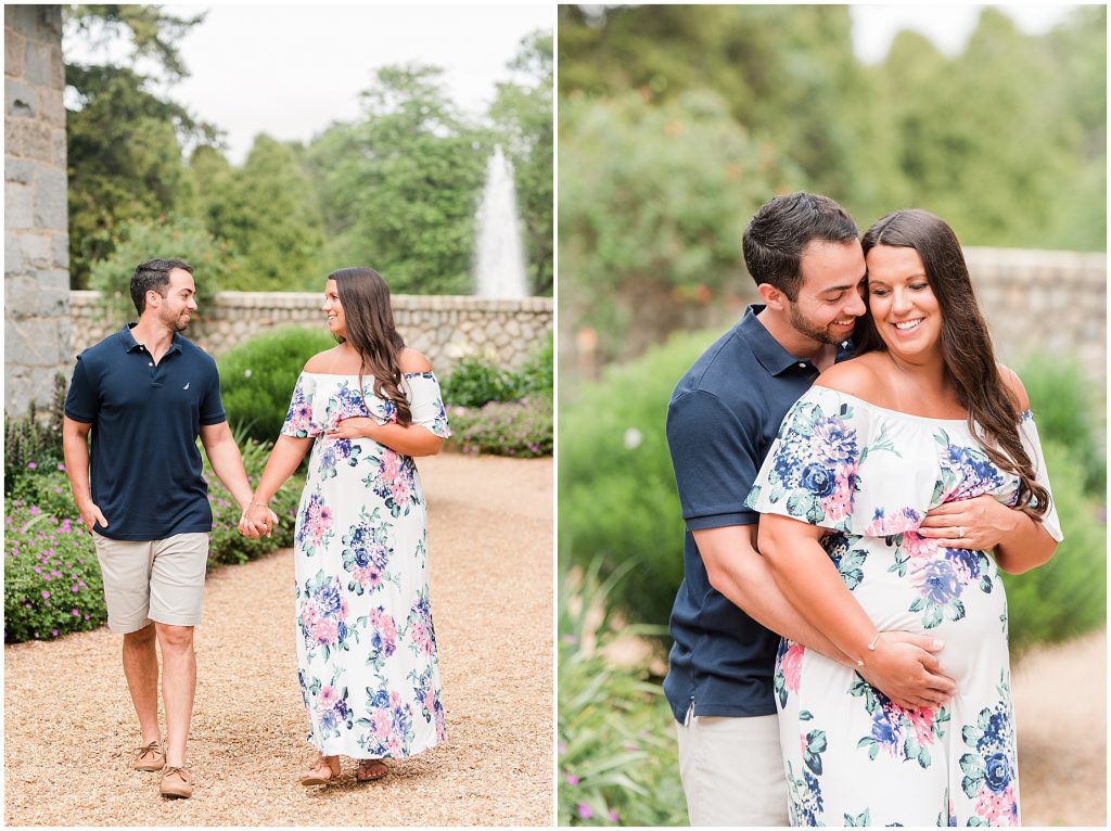 maymont park maternity husband and wife walking and holding each other in Richmond Virginia