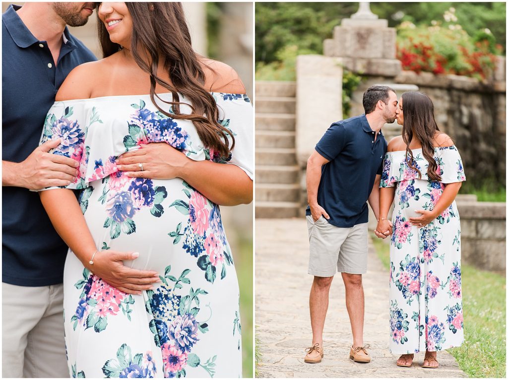 maymont maternity session with woman in white dress holding baby bump in Richmond Virginia