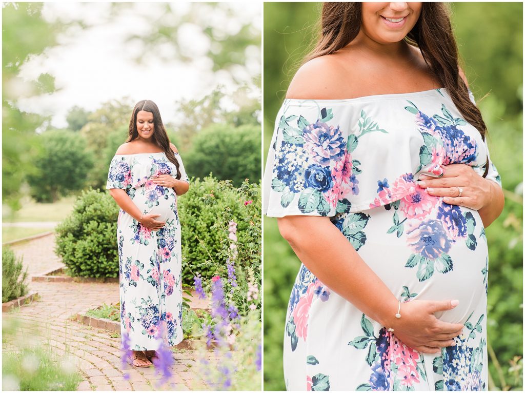 maymont park maternity woman smiling in lavender garden in Richmond Virginia