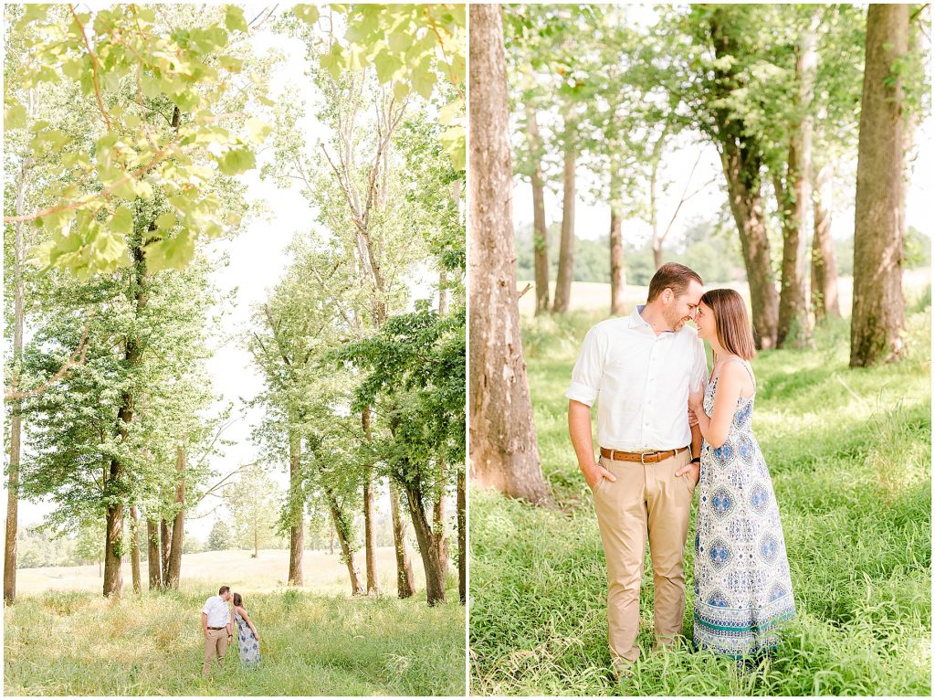 sunny Lansdowne resort engagement session couple in grassy field at a golf course in Leesburg