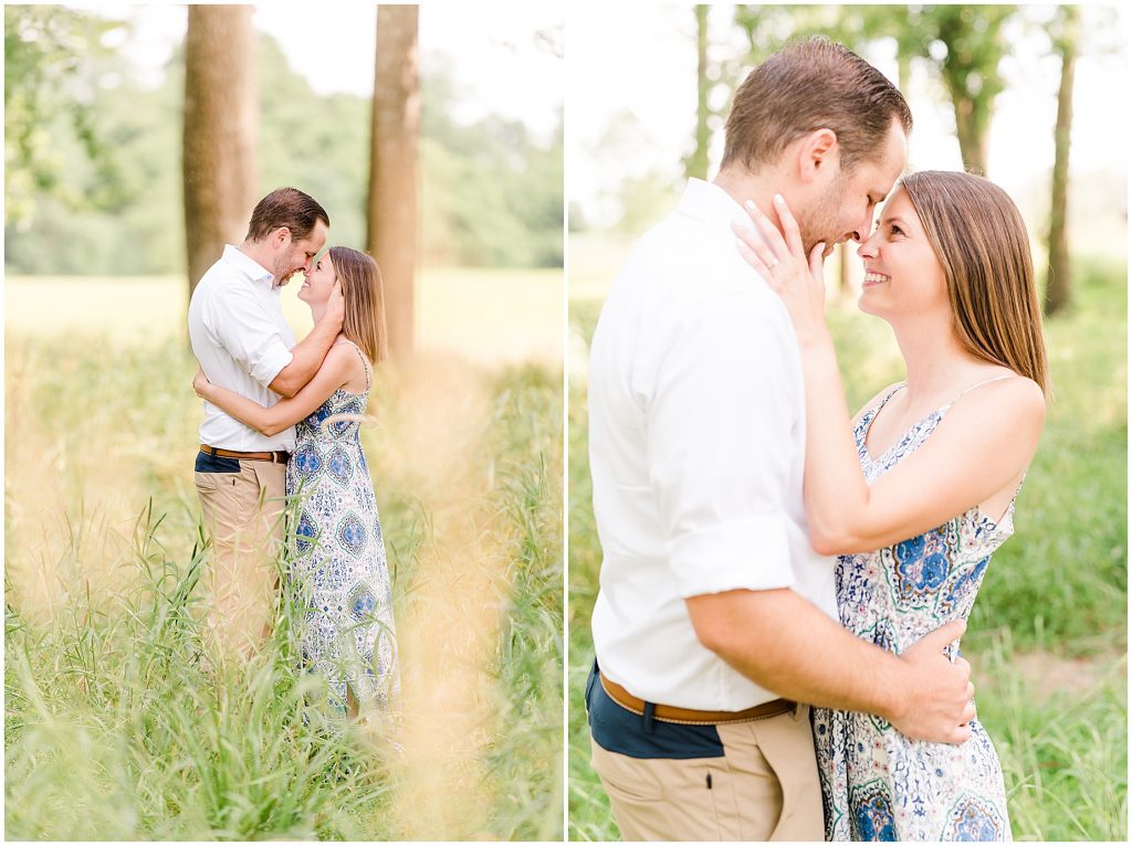 sunny Lansdowne resort engagement session couple in long grassy field at a golf course in Leesburg