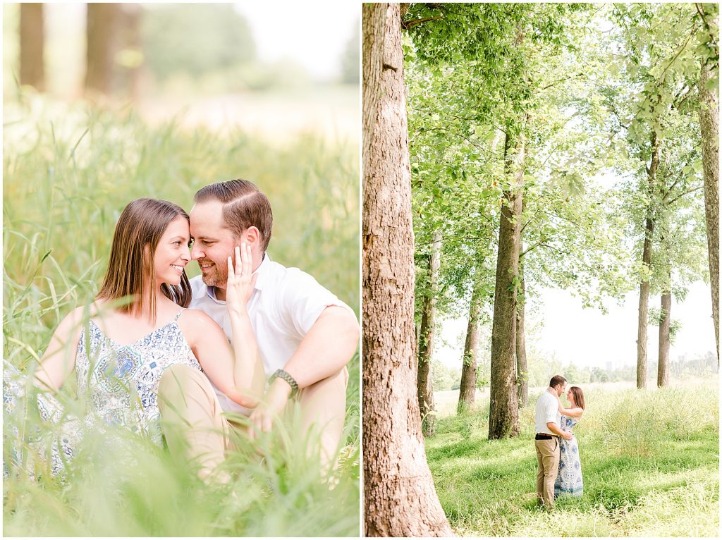 sunny Lansdowne resort engagement session couple in grassy field at a golf course in Leesburg