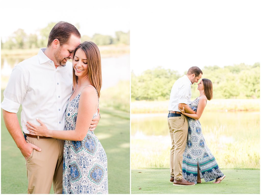 sunny Lansdowne resort engagement session couple on golf course in Leesburg, VA in blue dress