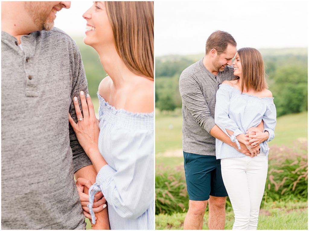 Lansdowne golf resort engagement couple in blue and grey outfits laughing